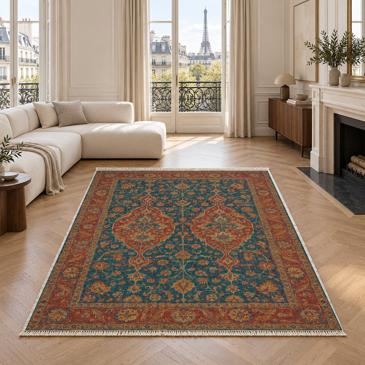 Twin Lanterns Peacock & Ochre washable rug in a living room with an Eiffel Tower view