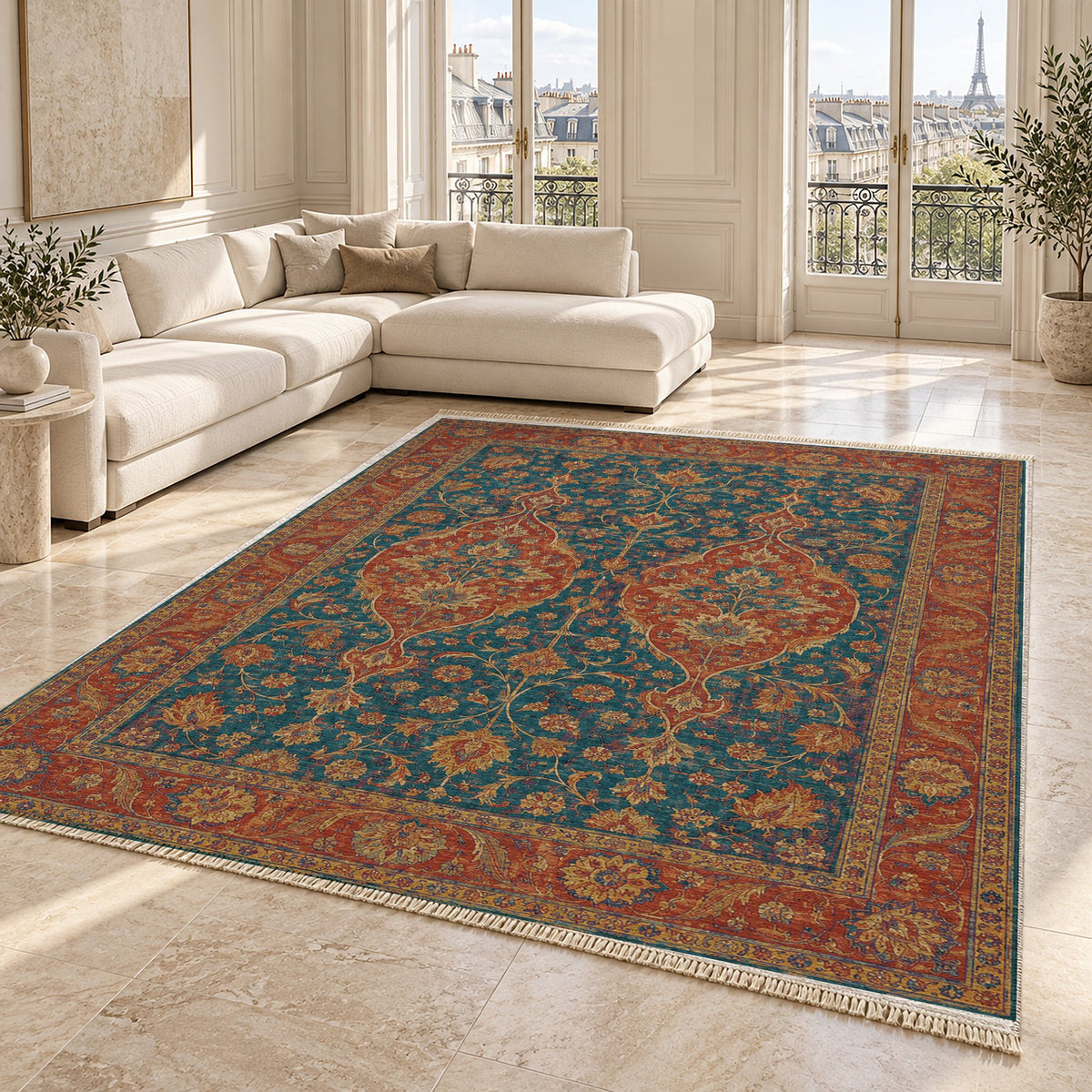 Twin Lanterns Peacock & Ochre washable rug angled room view on marble