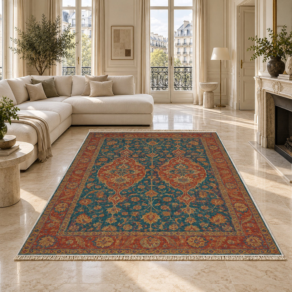 Twin Lanterns Peacock & Ochre washable rug on a marble floor