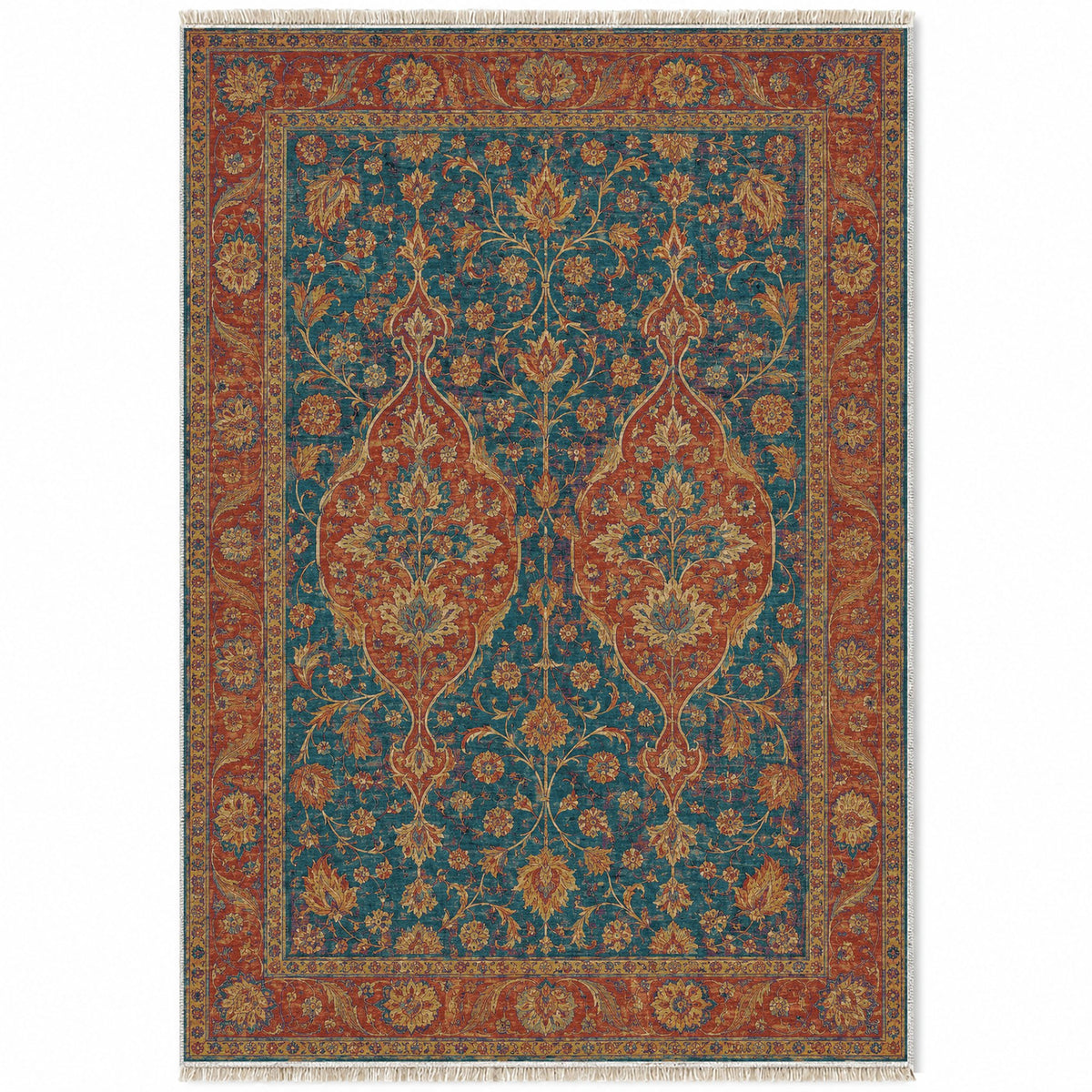 Twin Lanterns Peacock & Ochre washable rug top view