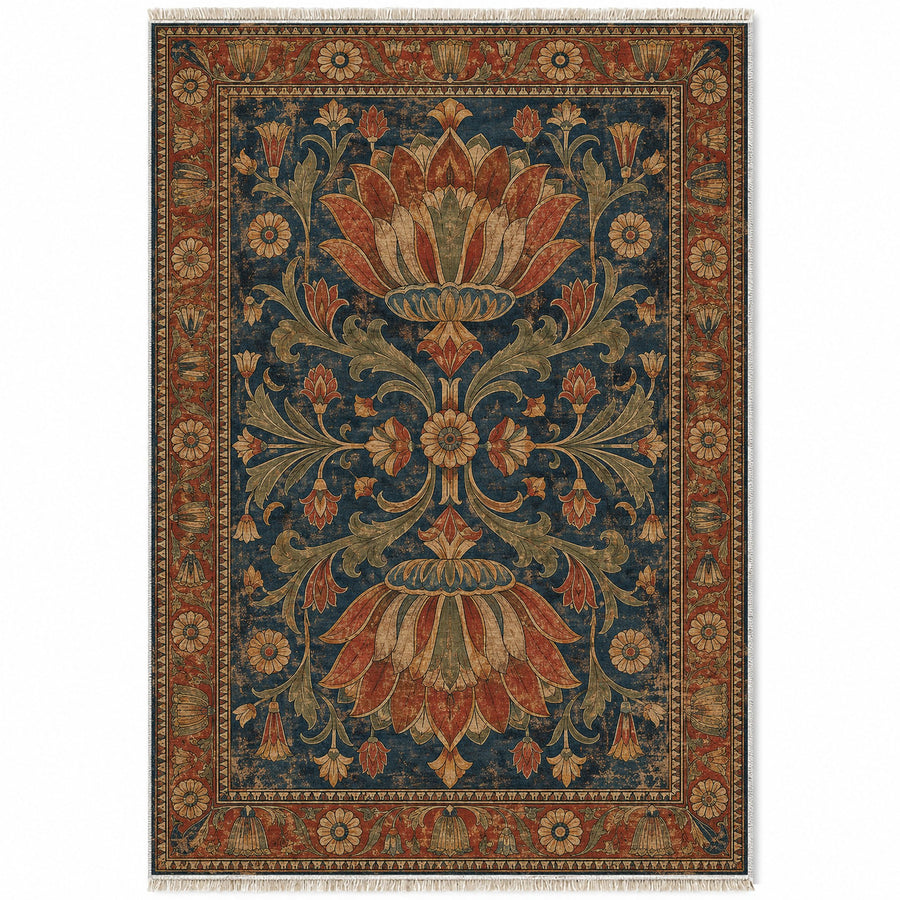 Twin Lotus Indigo & Rust Persian Washable Rug