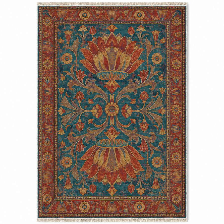 Twin Lotus Peacock & Ochre Persian Washable Rug