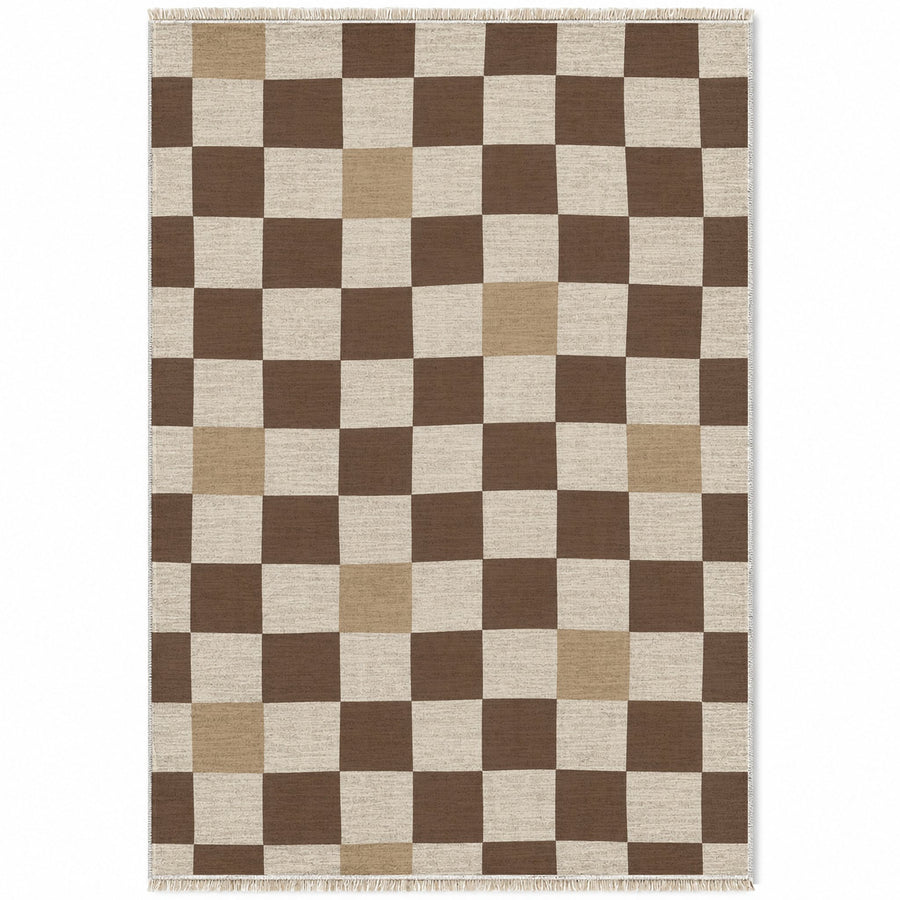 Uneven Squares Ivory & Cocoa Check Washable Rug