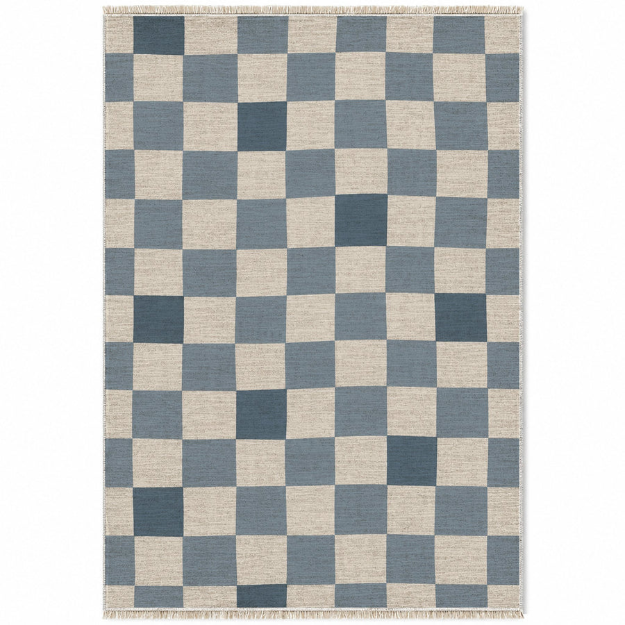 Uneven Squares Ivory & Dusty Blue Check Washable Rug