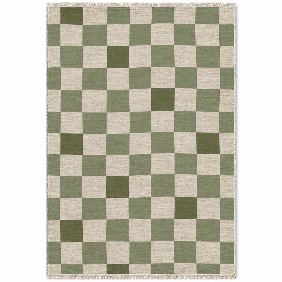 Uneven Squares Ivory & Sage Check Washable Rug