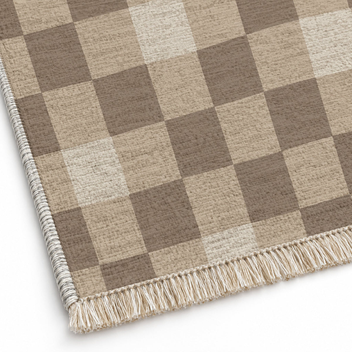 Uneven Squares Oat & Taupe washable rug close-up of the printed chenille