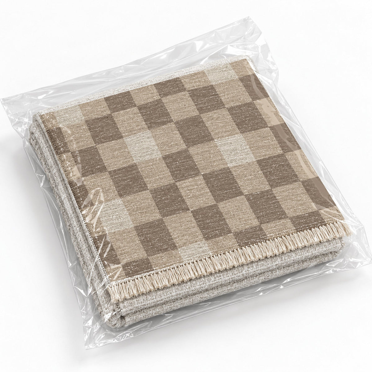 Uneven Squares Oat & Taupe washable rug rolled and packaged