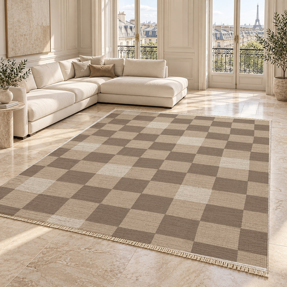Uneven Squares Oat & Taupe washable rug angled room view on marble