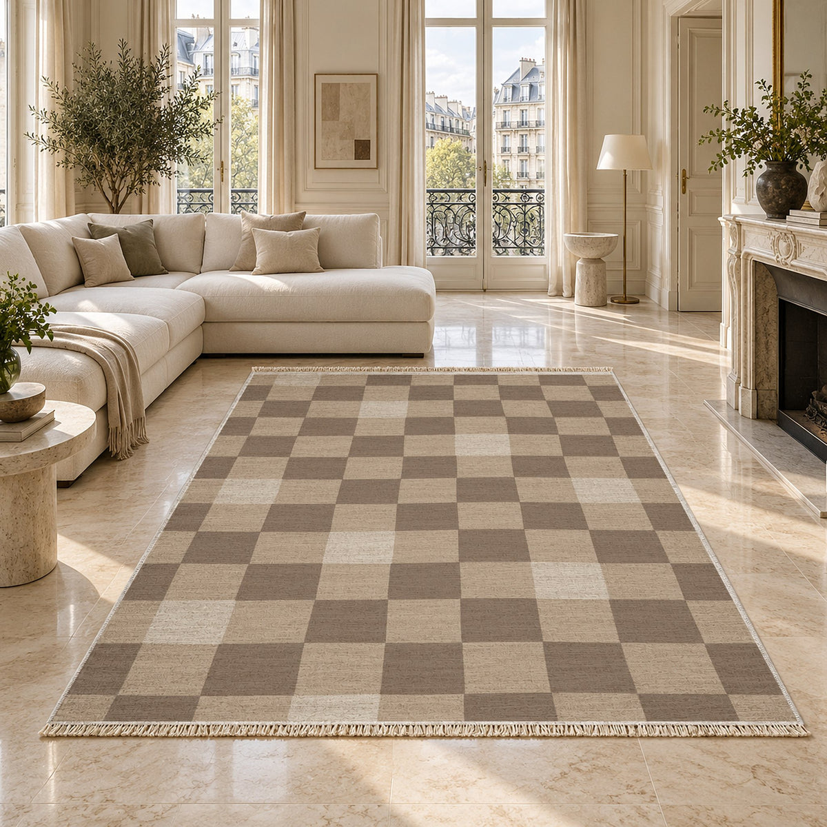 Uneven Squares Oat & Taupe washable rug on a marble floor