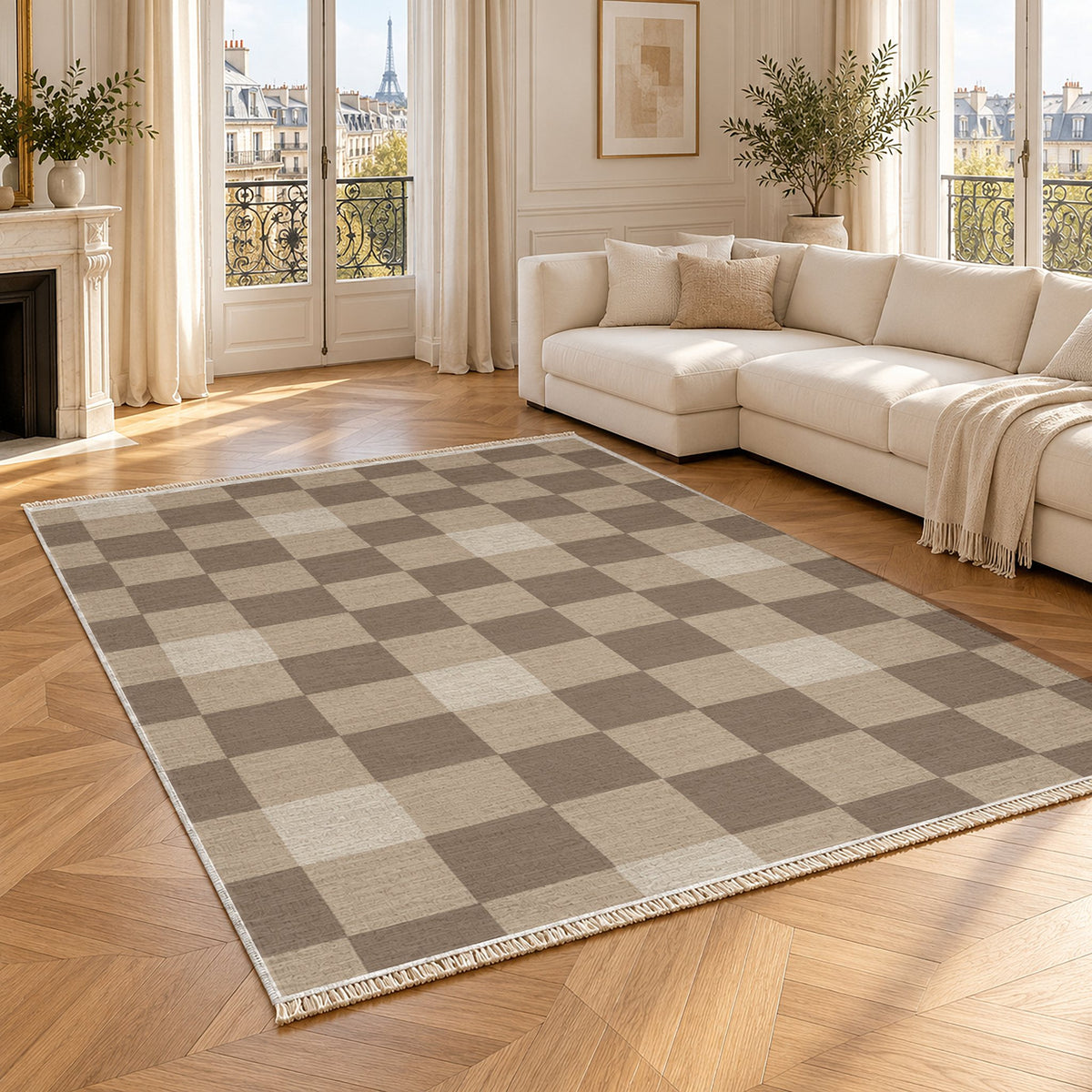 Uneven Squares Oat & Taupe washable rug angled room view