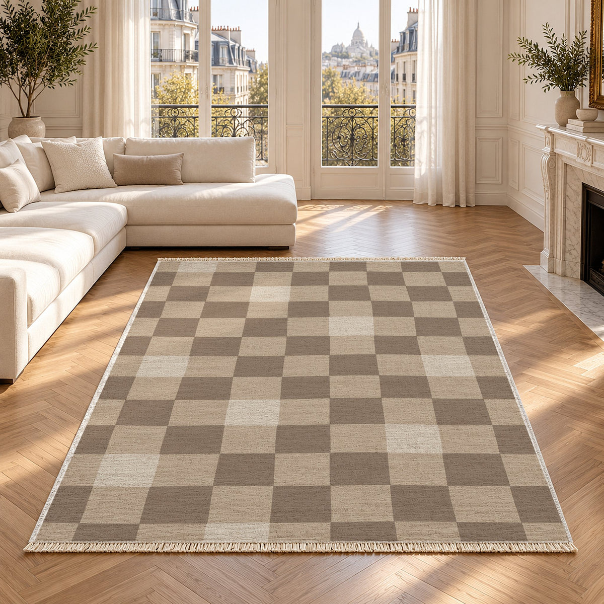 Uneven Squares Oat & Taupe washable rug in a Paris living room