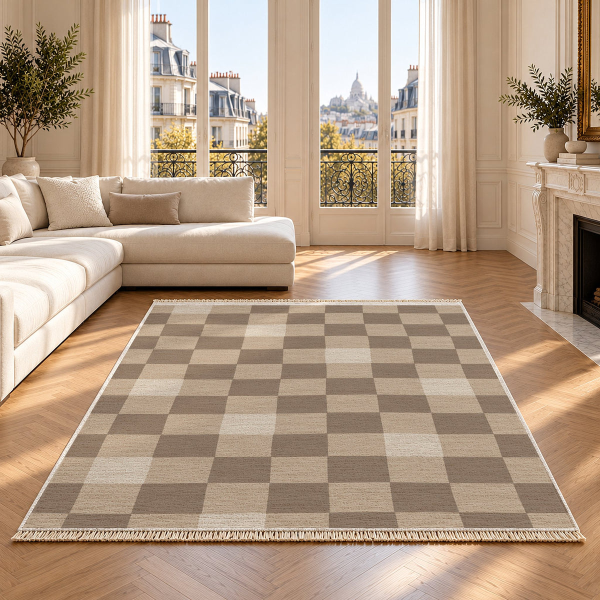 Uneven Squares Oat & Taupe washable rug on an oak floor