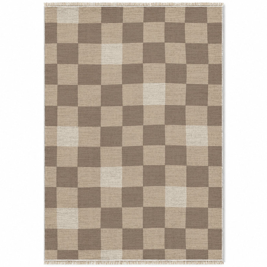 Uneven Squares Oat & Taupe Check Washable Rug