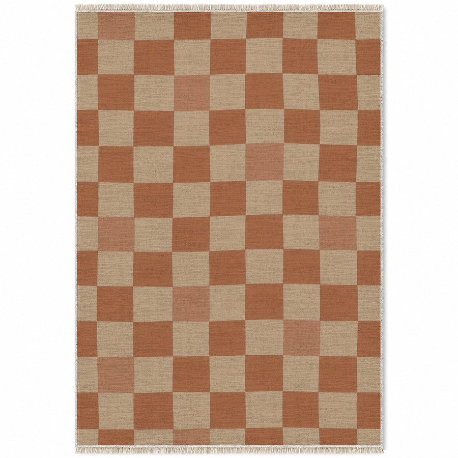 Uneven Squares Sand & Terracotta Check Washable Rug