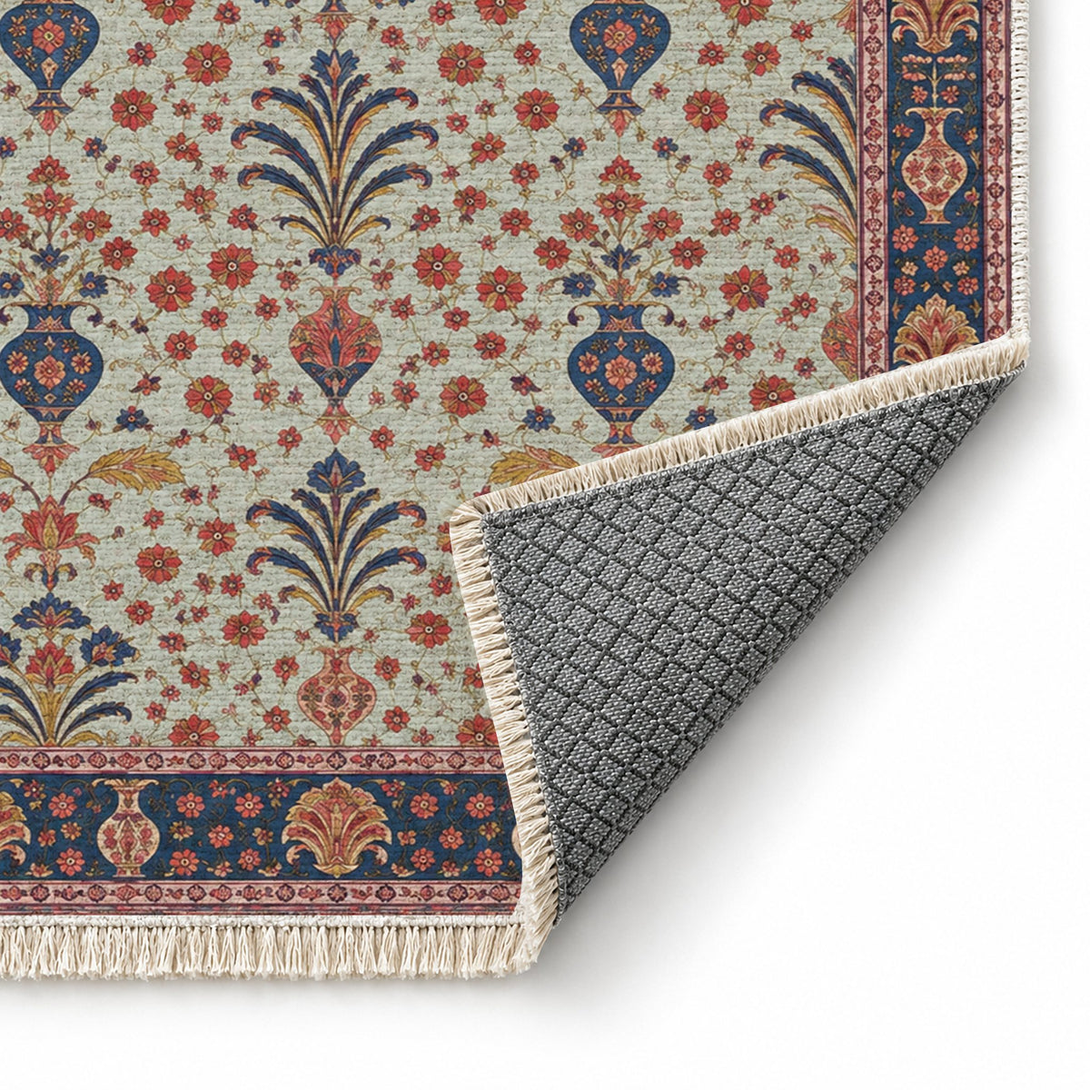 Vase Fountain Tessellation Glacier, Ink & Vermilion washable rug folded corner showing the backing
