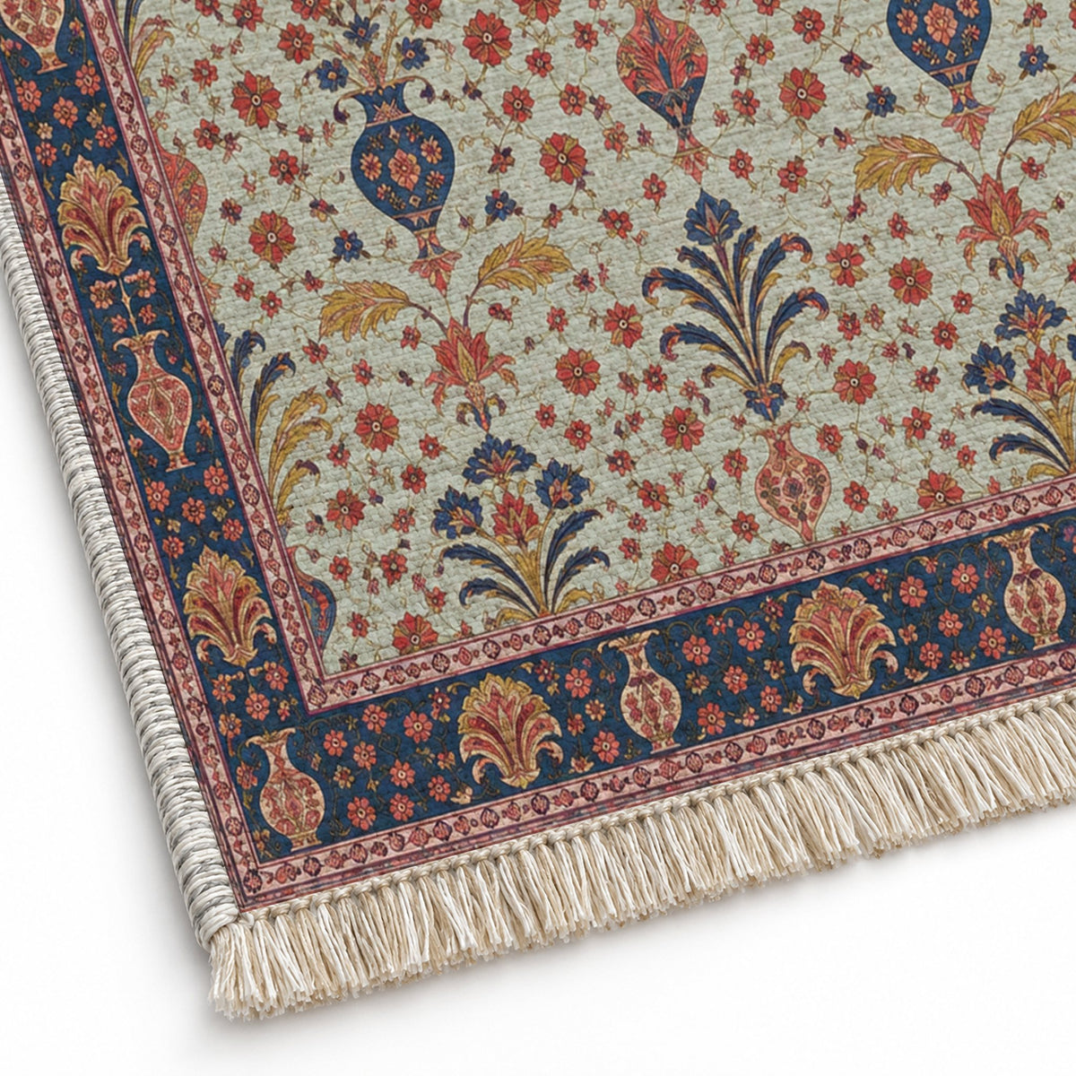 Vase Fountain Tessellation Glacier, Ink & Vermilion washable rug close-up of the printed chenille