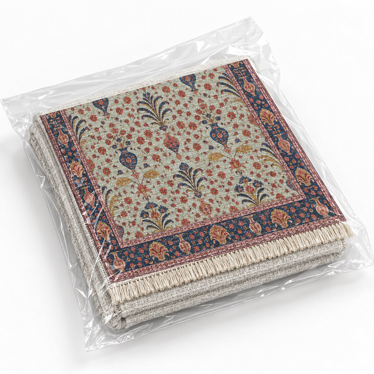 Vase Fountain Tessellation Glacier, Ink & Vermilion washable rug rolled and packaged