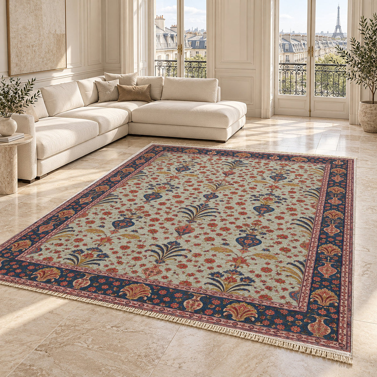 Vase Fountain Tessellation Glacier, Ink & Vermilion washable rug angled room view on marble