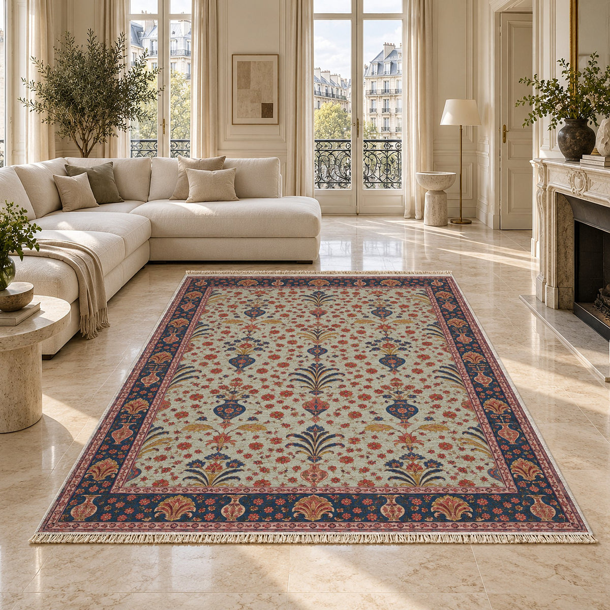 Vase Fountain Tessellation Glacier, Ink & Vermilion washable rug on a marble floor
