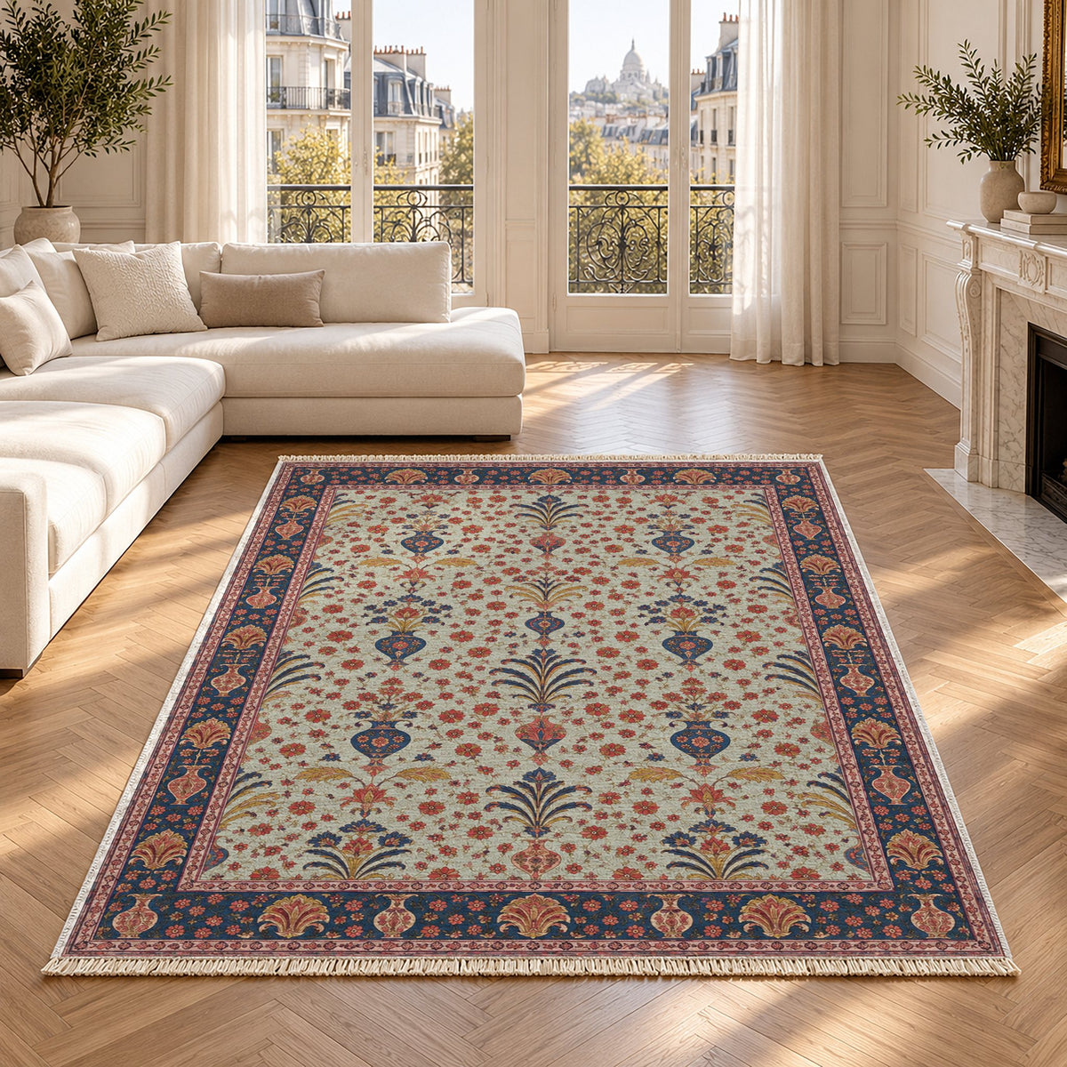 Vase Fountain Tessellation Glacier, Ink & Vermilion washable rug in a Paris living room