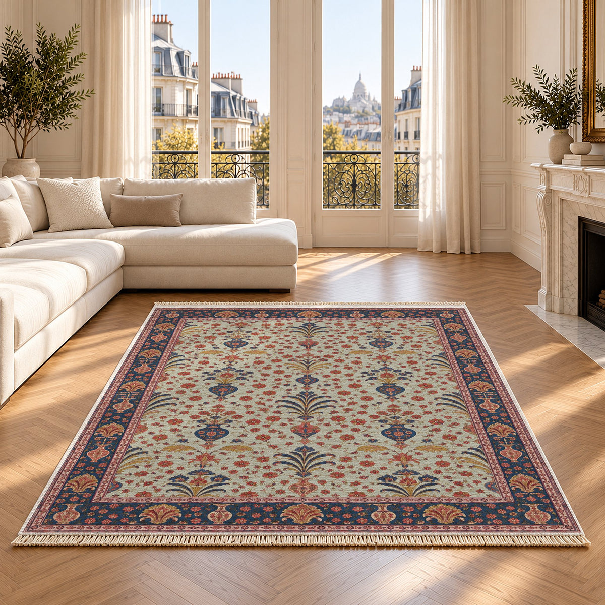 Vase Fountain Tessellation Glacier, Ink & Vermilion washable rug on an oak floor