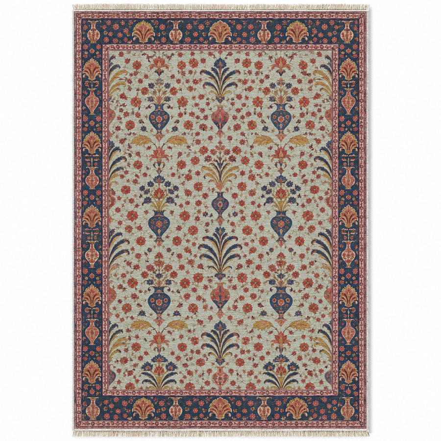 Vase Fountain Tessellation Glacier, Ink & Vermilion Distressed Washable Rug
