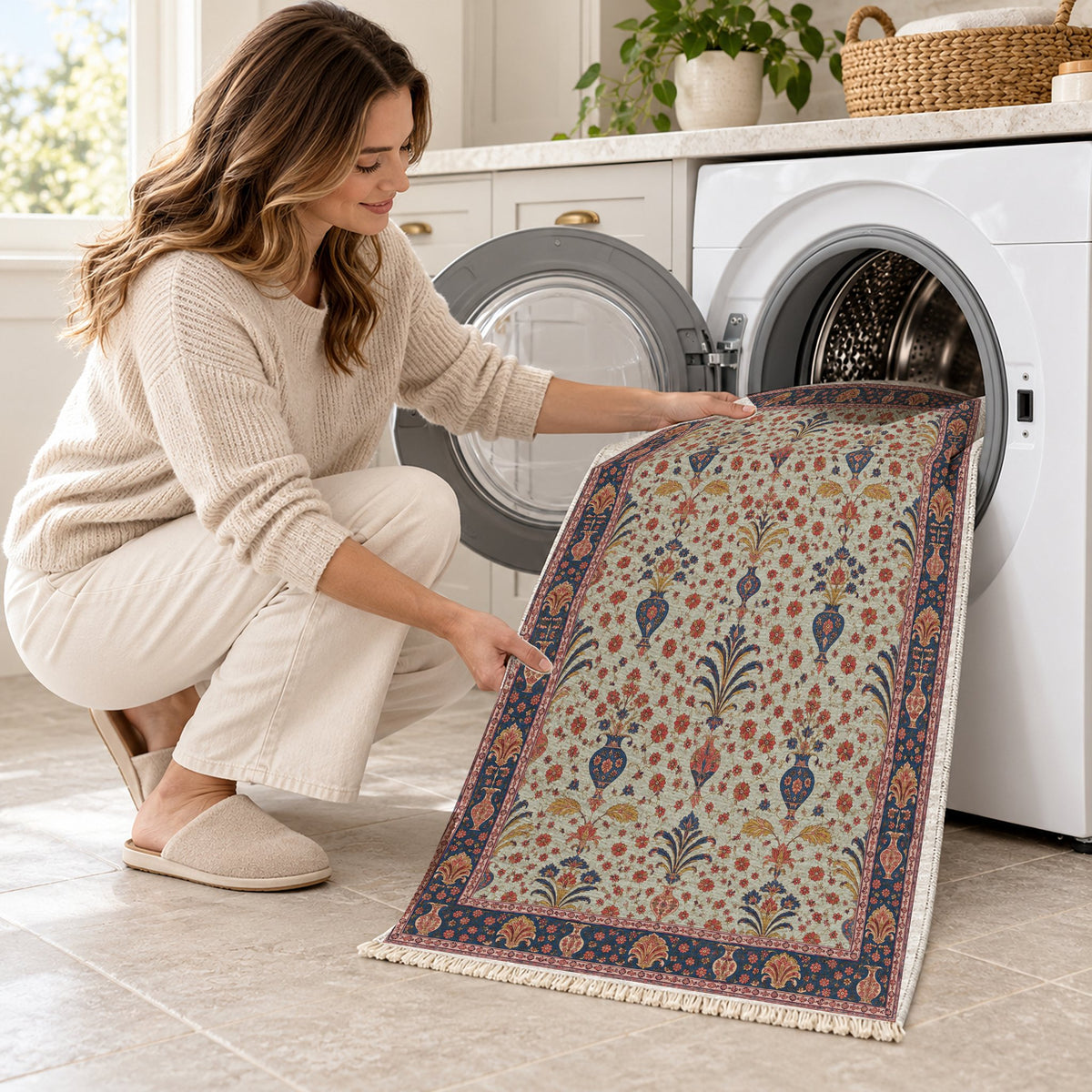 Vase Fountain Tessellation Glacier, Ink & Vermilion washable rug being loaded into a washing machine