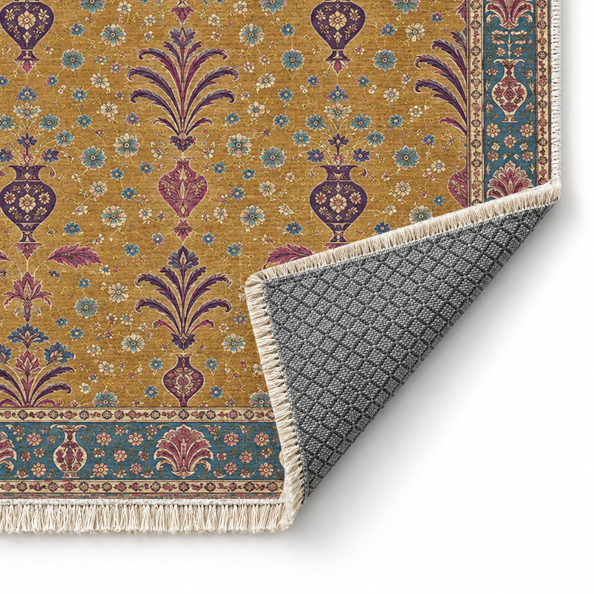 Vase Fountain Tessellation Golden, Plum & Azure washable rug folded corner showing the backing