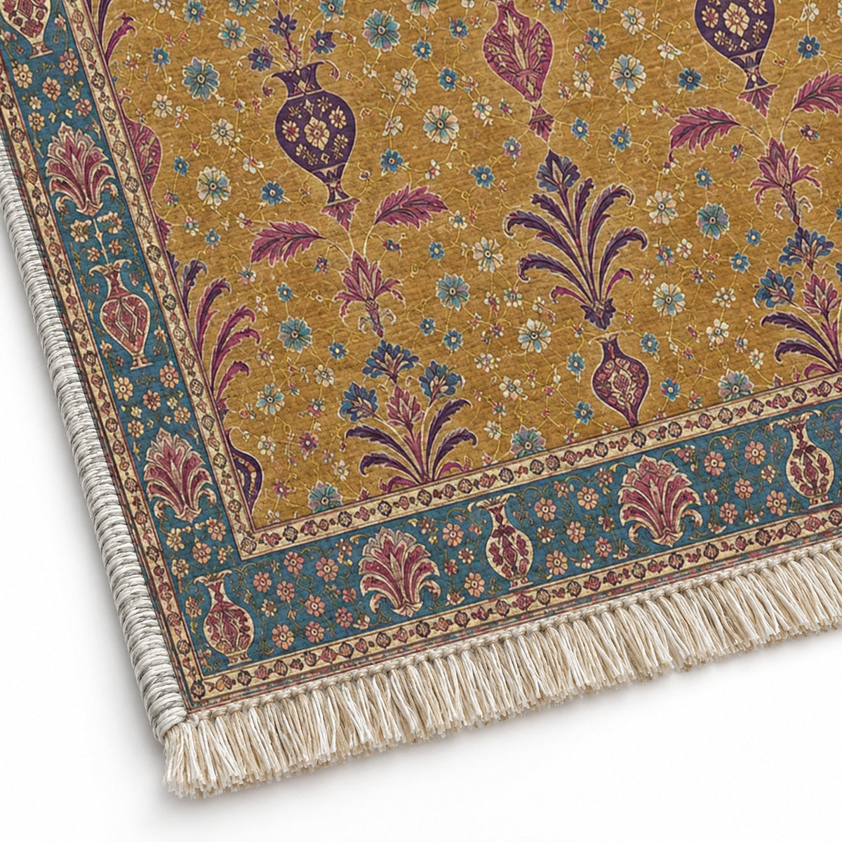 Vase Fountain Tessellation Golden, Plum & Azure washable rug close-up of the printed chenille