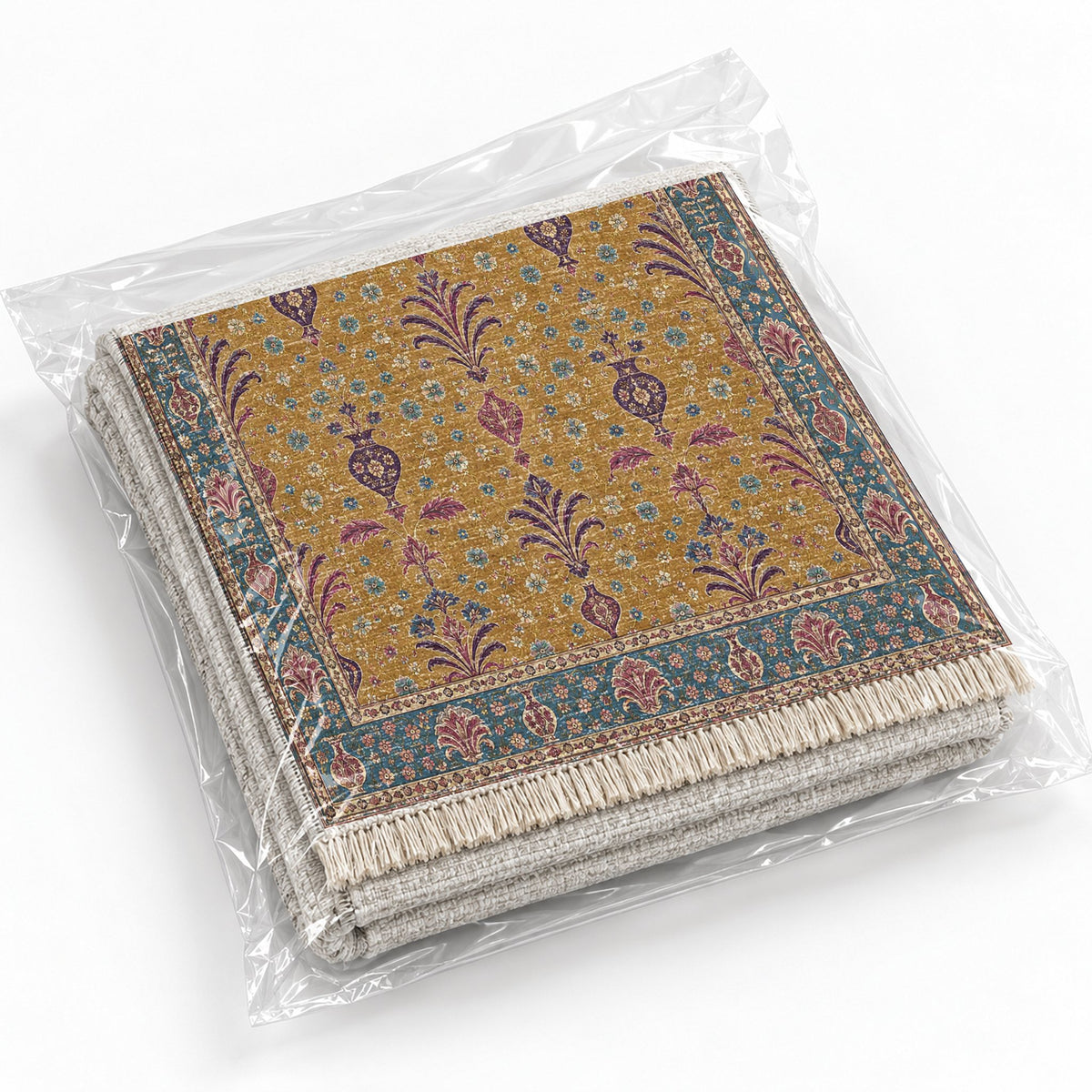 Vase Fountain Tessellation Golden, Plum & Azure washable rug rolled and packaged