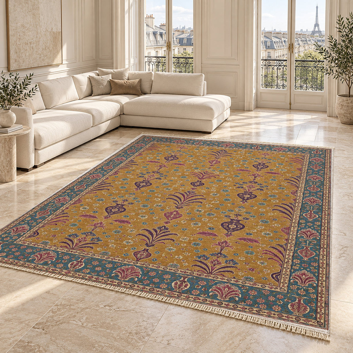 Vase Fountain Tessellation Golden, Plum & Azure washable rug angled room view on marble