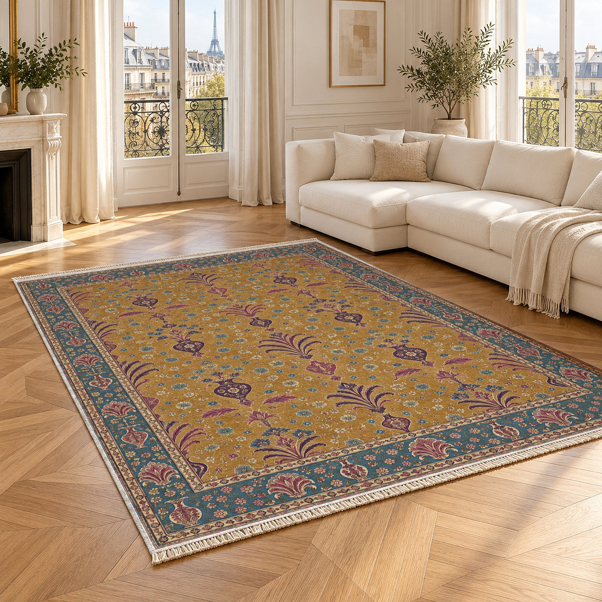 Vase Fountain Tessellation Golden, Plum & Azure washable rug angled room view