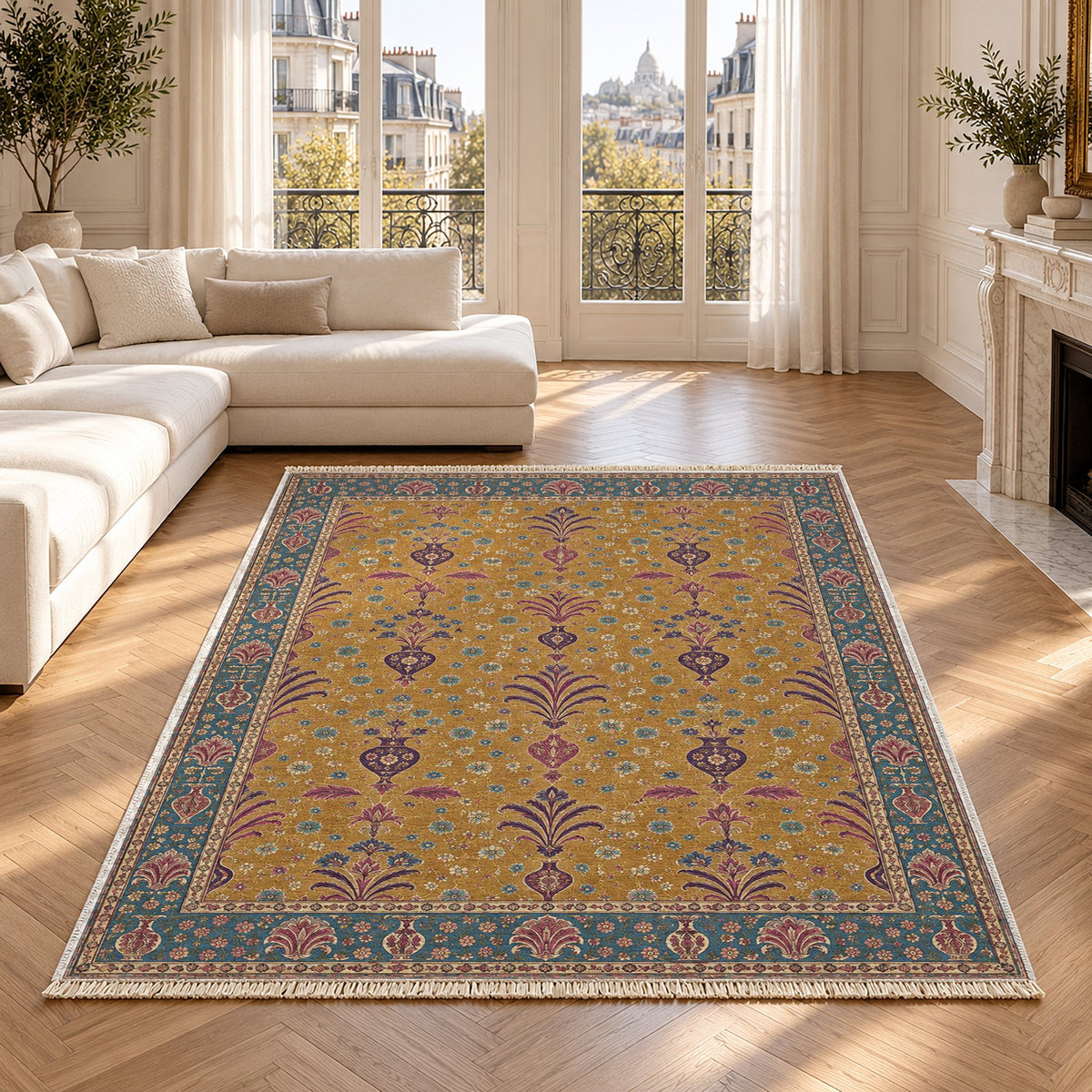 Vase Fountain Tessellation Golden, Plum & Azure washable rug in a Paris living room