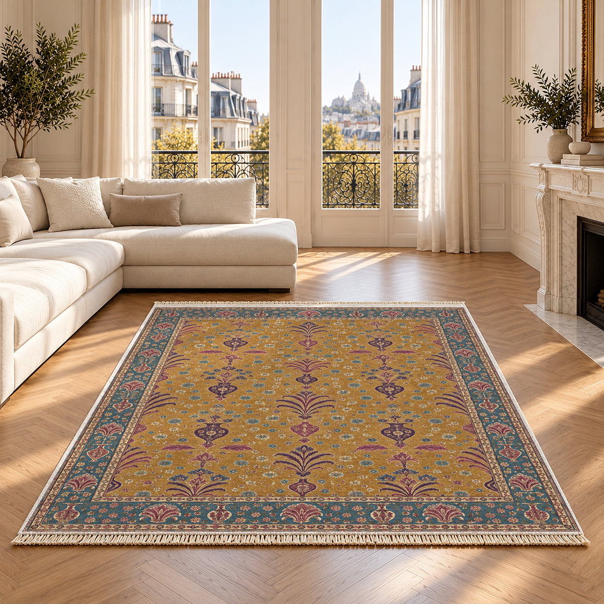 Vase Fountain Tessellation Golden, Plum & Azure washable rug on an oak floor