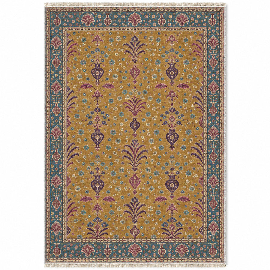Vase Fountain Tessellation Golden, Plum & Azure Distressed Washable Rug
