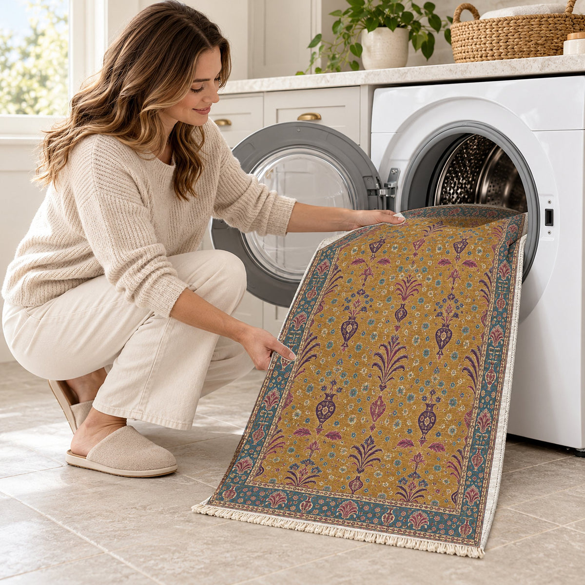 Vase Fountain Tessellation Golden, Plum & Azure washable rug being loaded into a washing machine