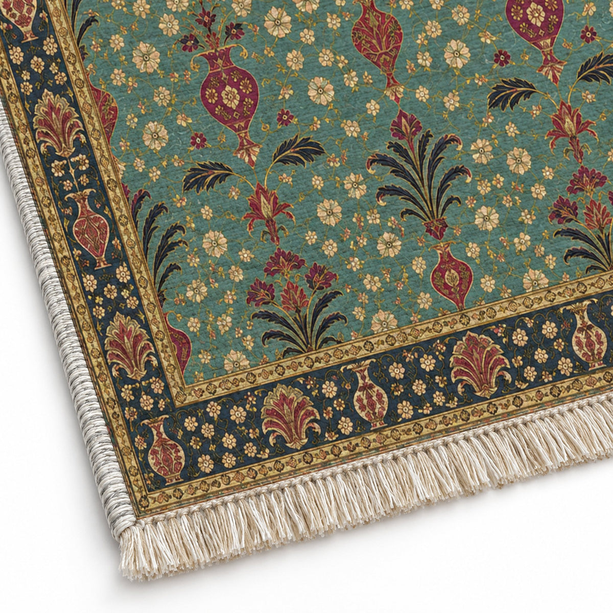 Vase Fountain Tessellation Lagoon & Berry washable rug close-up of the printed chenille