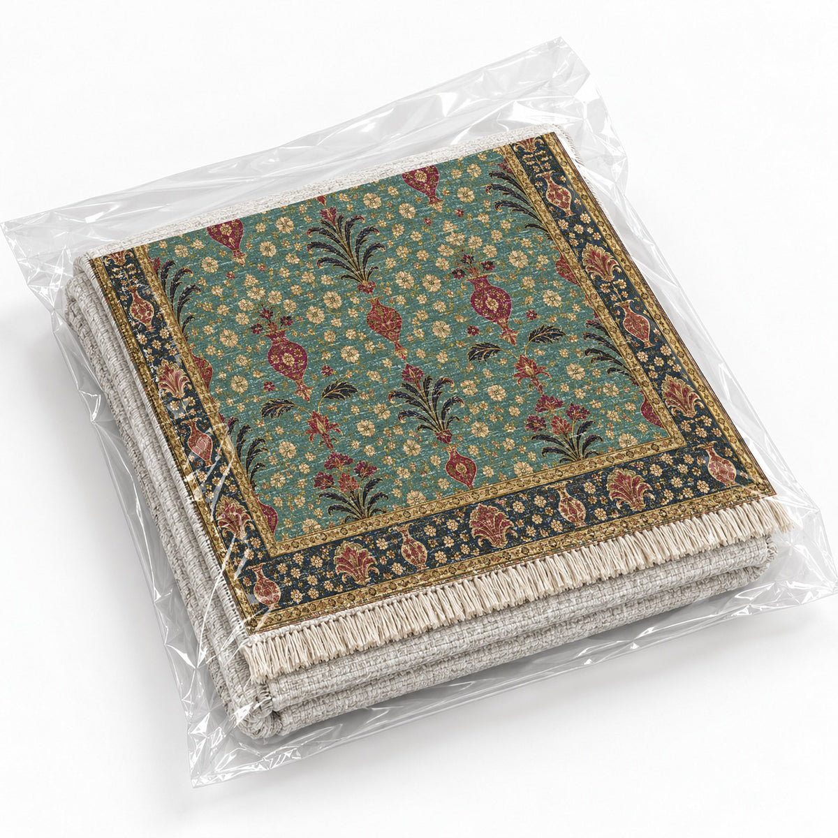 Vase Fountain Tessellation Lagoon & Berry washable rug rolled and packaged