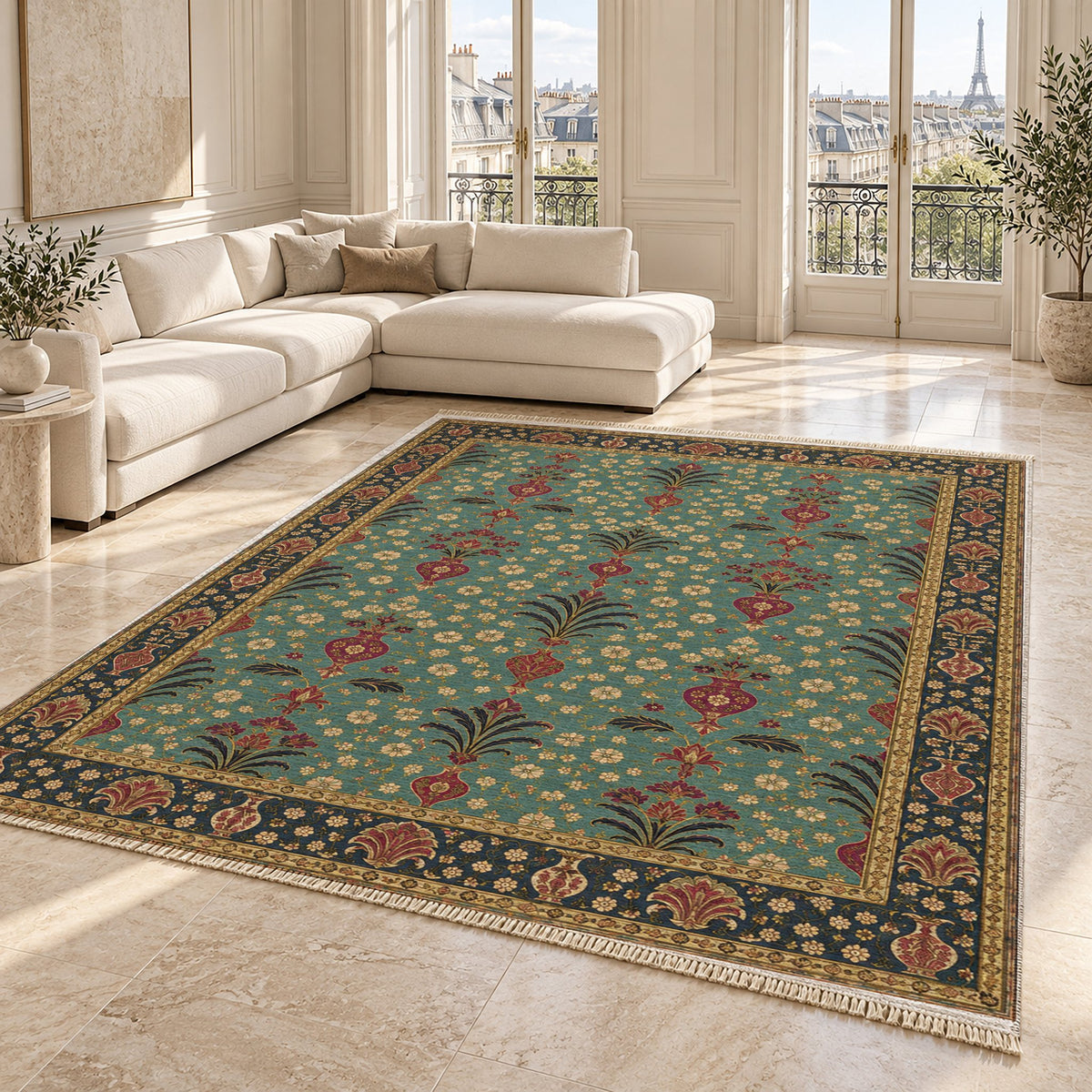 Vase Fountain Tessellation Lagoon & Berry washable rug angled room view on marble