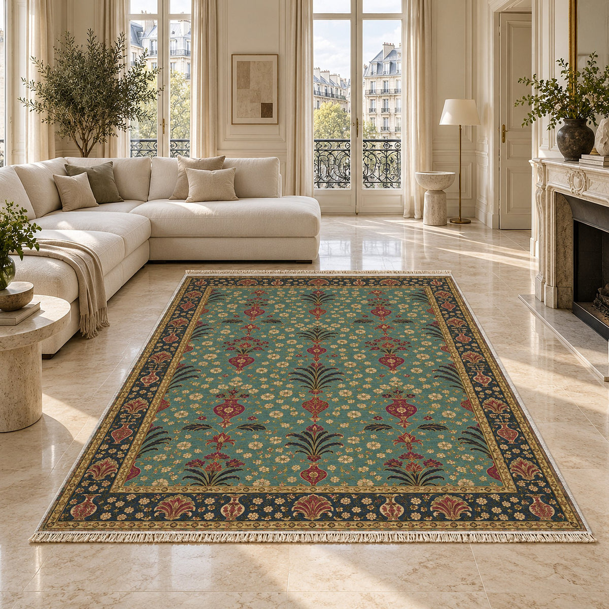Vase Fountain Tessellation Lagoon & Berry washable rug on a marble floor