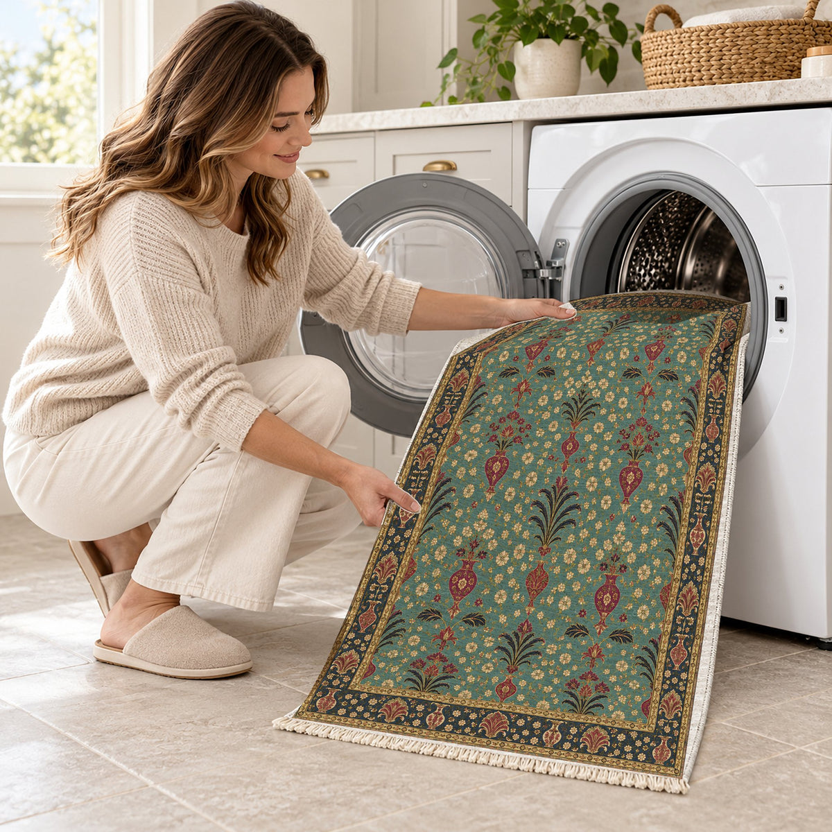 Vase Fountain Tessellation Lagoon & Berry washable rug being loaded into a washing machine
