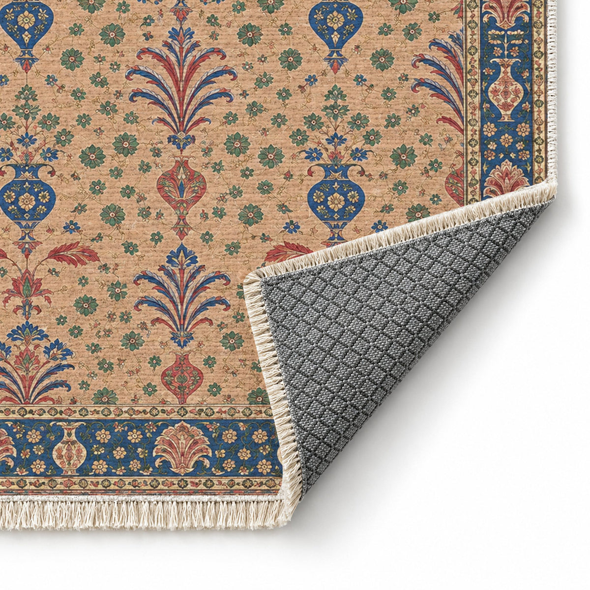 Vase Fountain Tessellation Peach, Cobalt & Jade washable rug folded corner showing the backing