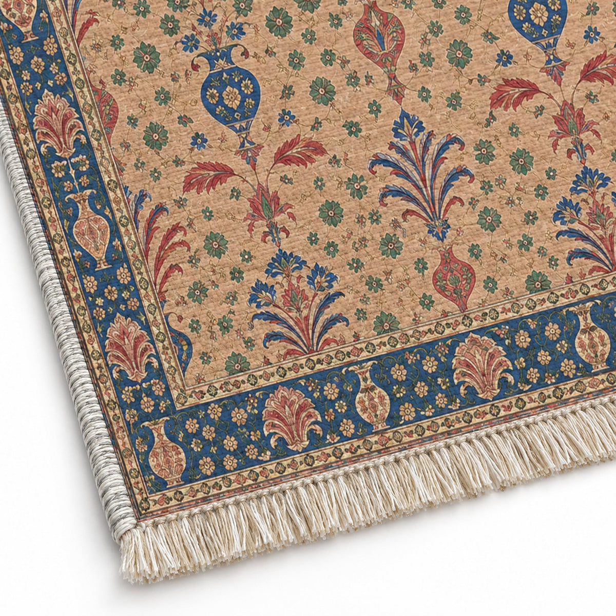Vase Fountain Tessellation Peach, Cobalt & Jade washable rug close-up of the printed chenille