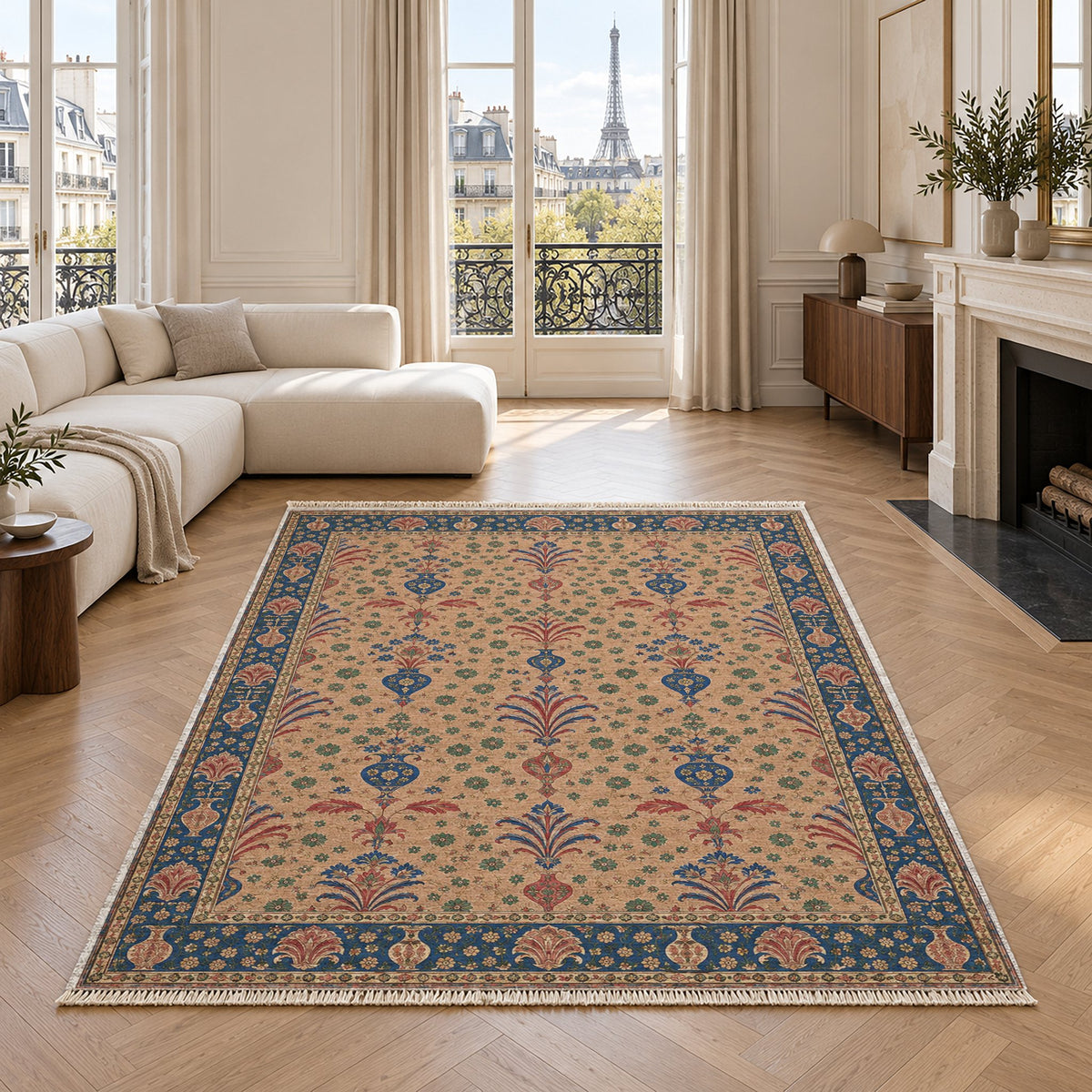 Vase Fountain Tessellation Peach, Cobalt & Jade washable rug in a living room with an Eiffel Tower view