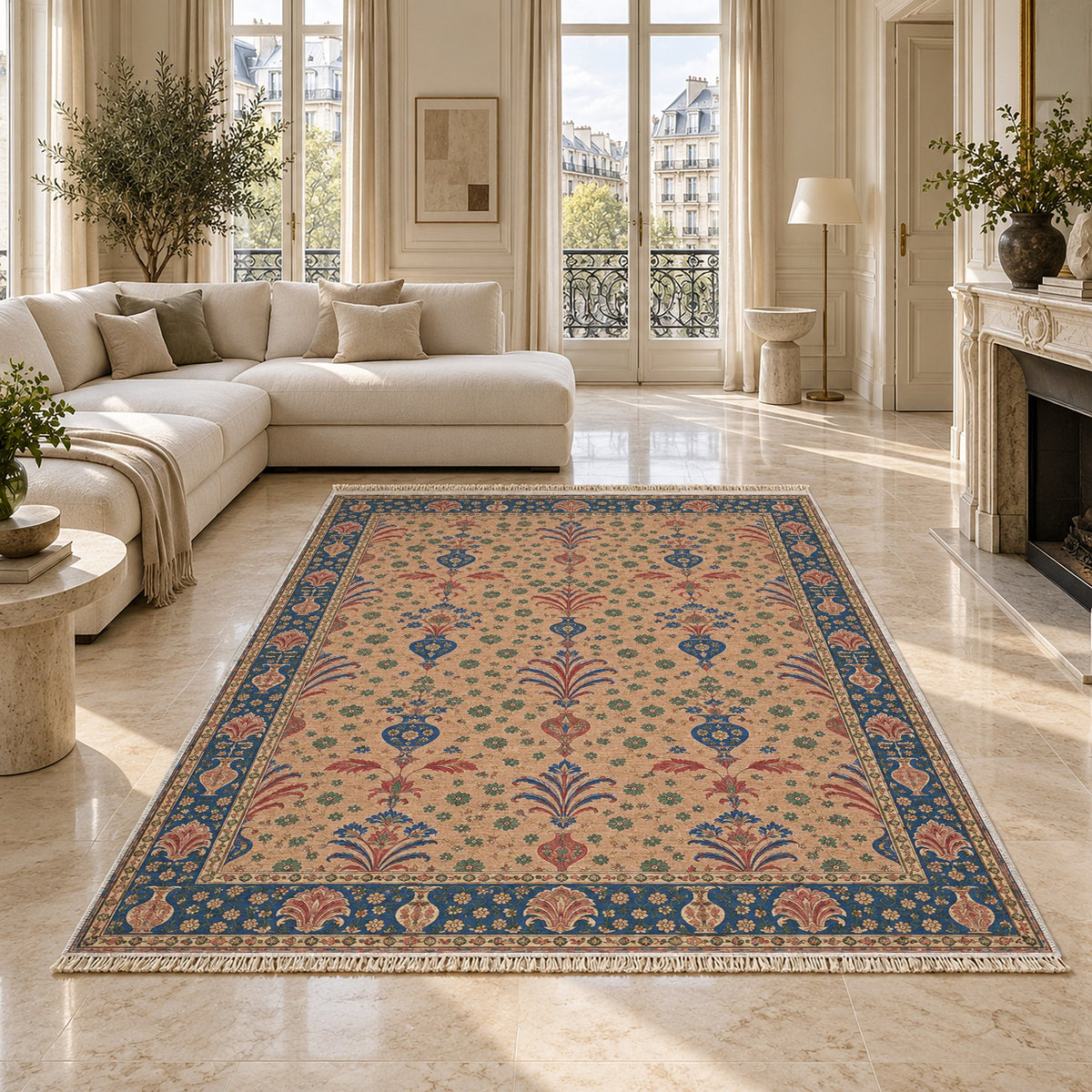 Vase Fountain Tessellation Peach, Cobalt & Jade washable rug on a marble floor