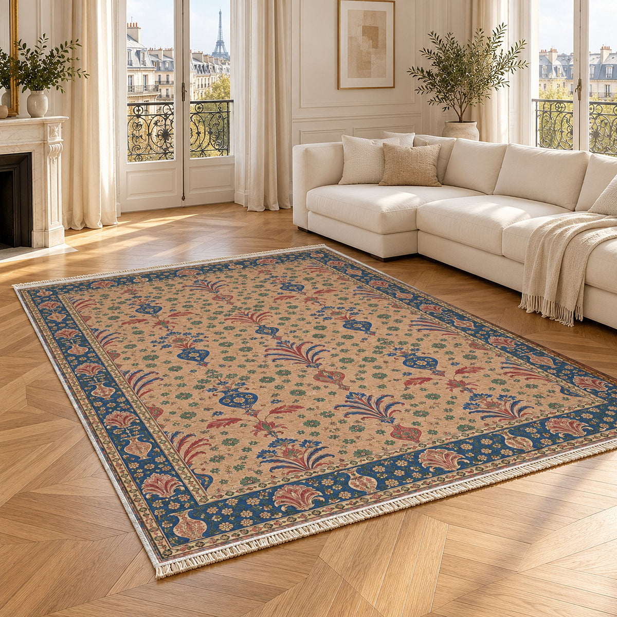 Vase Fountain Tessellation Peach, Cobalt & Jade washable rug angled room view