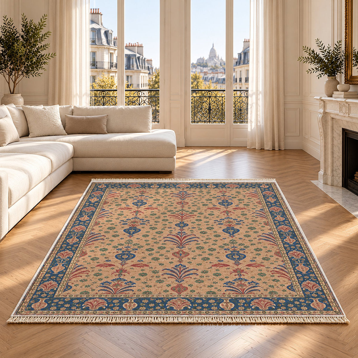 Vase Fountain Tessellation Peach, Cobalt & Jade washable rug on an oak floor