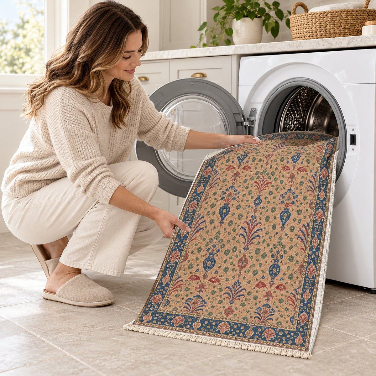 Vase Fountain Tessellation Peach, Cobalt & Jade washable rug being loaded into a washing machine
