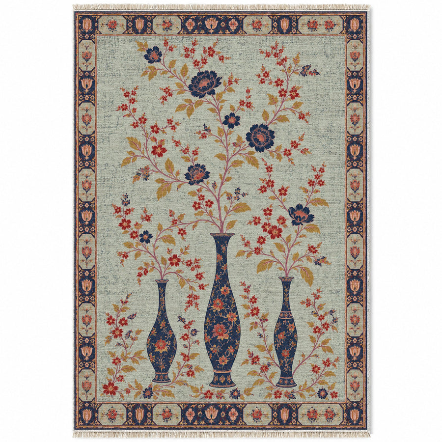 Vase Silhouette Echo Glacier, Ink & Vermilion Distressed Washable Rug