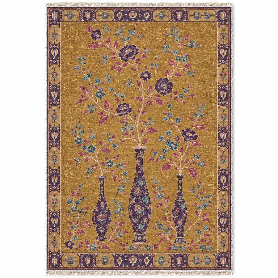 Vase Silhouette Echo Golden, Plum & Azure Distressed Washable Rug